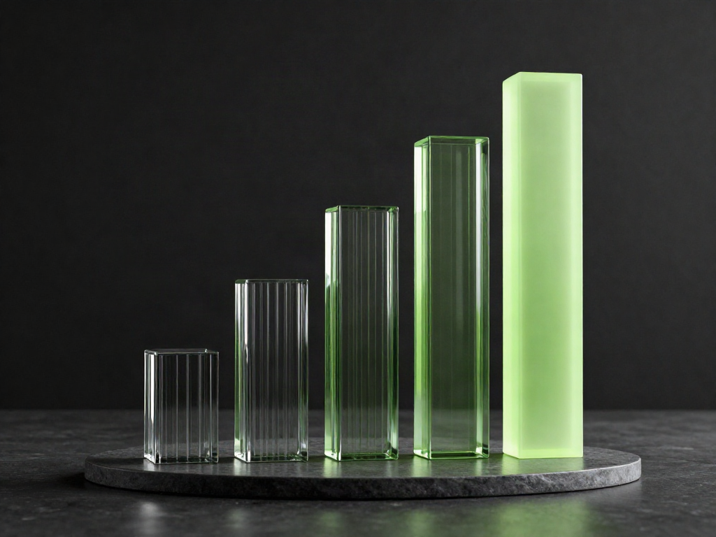 Sculptural glass columns rising toward a luminous lime-green peak, a visual expression of data-led business growth.